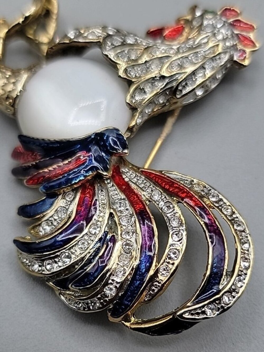 Vintage Large Colorful Rhinestone Jelly Belly Rooster Brooch - Picture 7 of 8